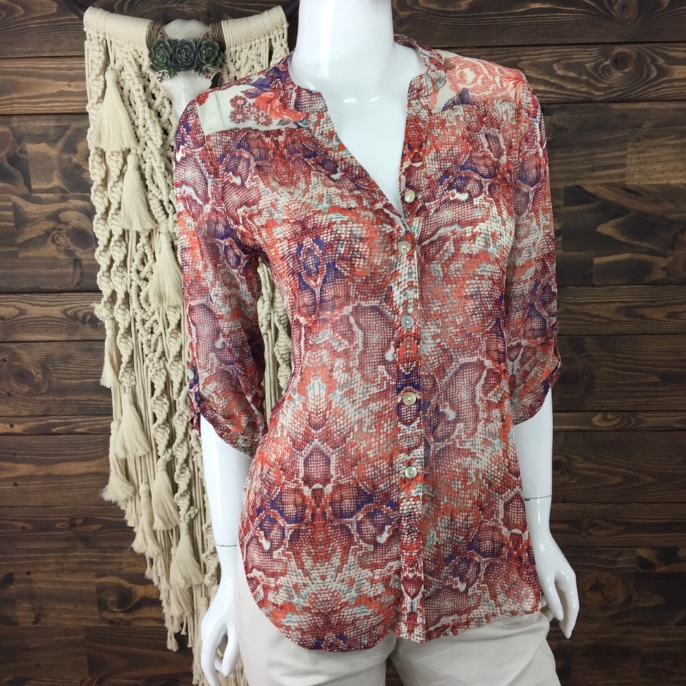 Fig & Flower | Snakeskin‎ Button Down Sheer Roll Sleeve Blouse